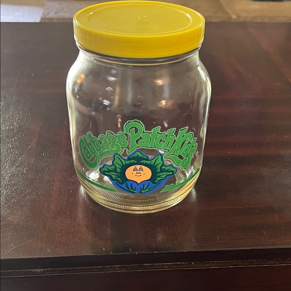Vintage 1984 Cabbage Patch Kids Glass Storage Jar with Yellow Lid